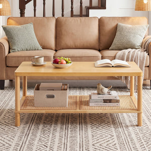 2-Tier Boho Coffee Table for Living Room Rectangular Center Table with Rubber Wood Frame and PVC Rattan Storage Shelf-Natural