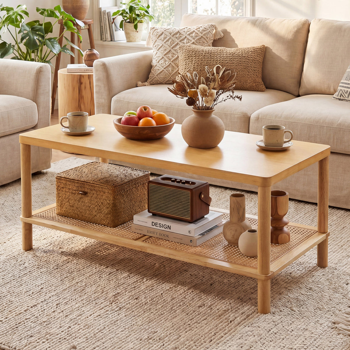 2-Tier Boho Coffee Table for Living Room Rectangular Center Table with Rubber Wood Frame and PVC Rattan Storage Shelf-Natural