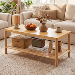 2-Tier Boho Coffee Table for Living Room Rectangular Center Table with Rubber Wood Frame and PVC Rattan Storage Shelf-Natural