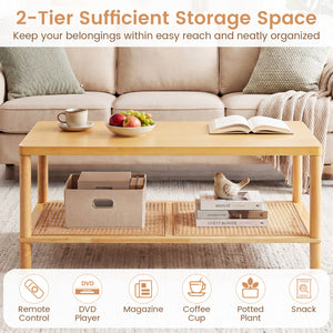 2-Tier Boho Coffee Table for Living Room Rectangular Center Table with Rubber Wood Frame and PVC Rattan Storage Shelf-Natural