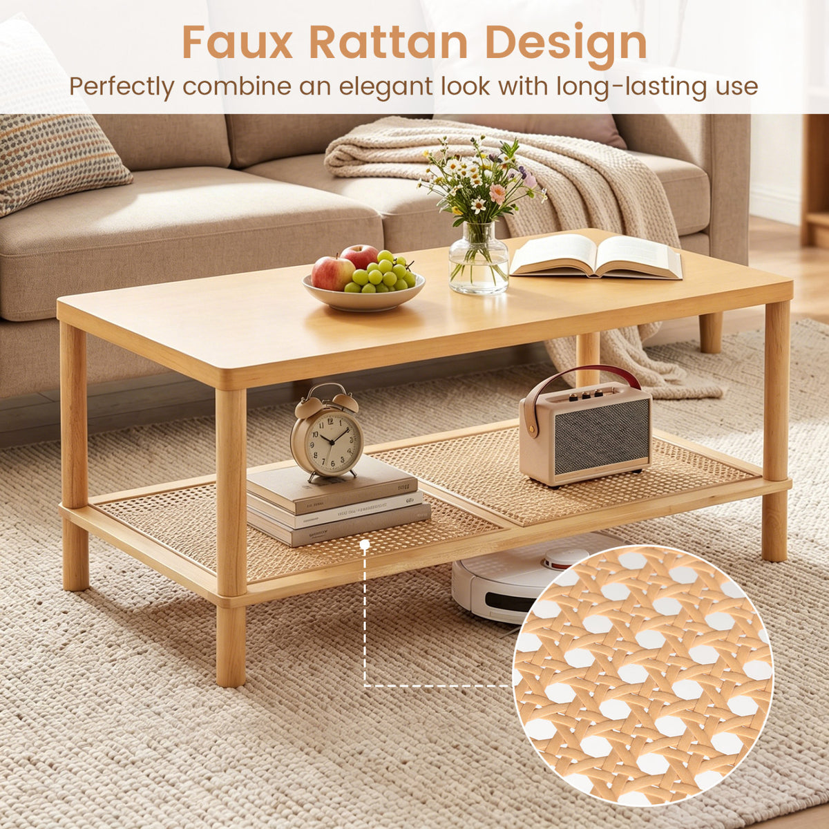 2-Tier Boho Coffee Table for Living Room Rectangular Center Table with Rubber Wood Frame and PVC Rattan Storage Shelf-Natural