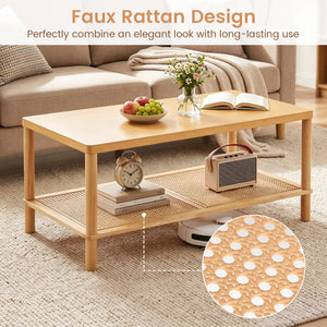 2-Tier Boho Coffee Table for Living Room Rectangular Center Table with Rubber Wood Frame and PVC Rattan Storage Shelf-Natural