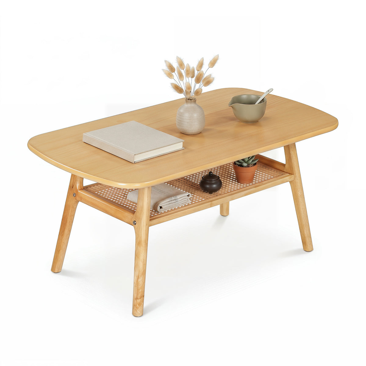 2-Tier Boho Rattan Coffee Table with Rounded Corners-Natural