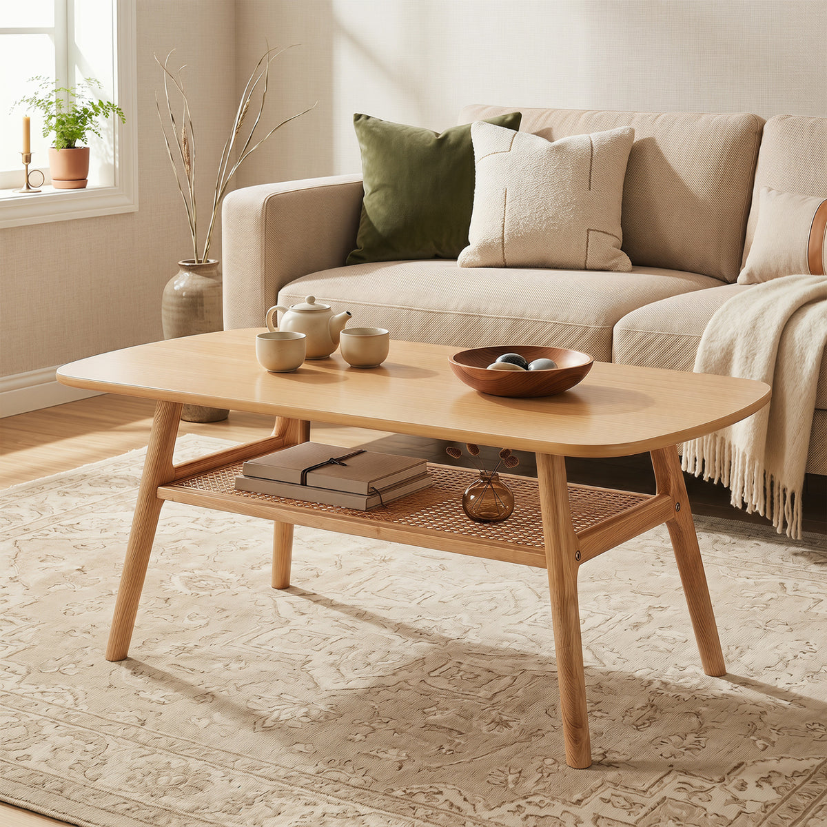 2-Tier Boho Rattan Coffee Table with Rounded Corners-Natural