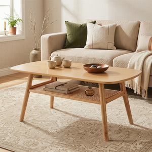 2-Tier Boho Rattan Coffee Table with Rounded Corners-Natural