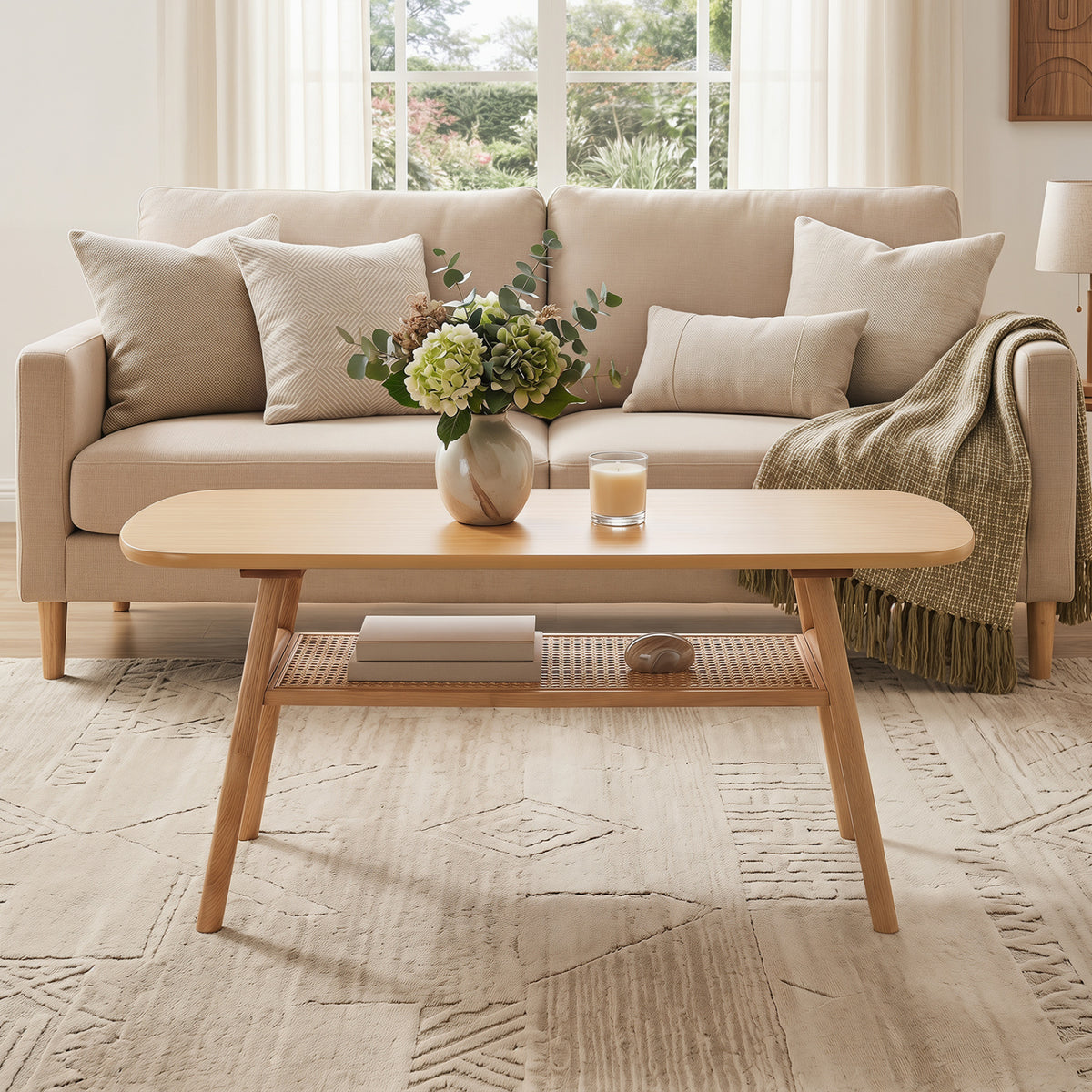 2-Tier Boho Rattan Coffee Table with Rounded Corners-Natural