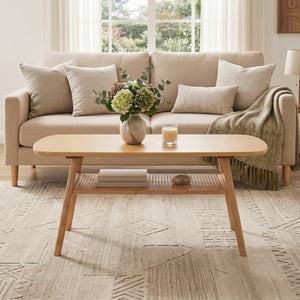 2-Tier Boho Rattan Coffee Table with Rounded Corners-Natural