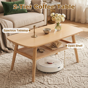 2-Tier Boho Rattan Coffee Table with Rounded Corners-Natural