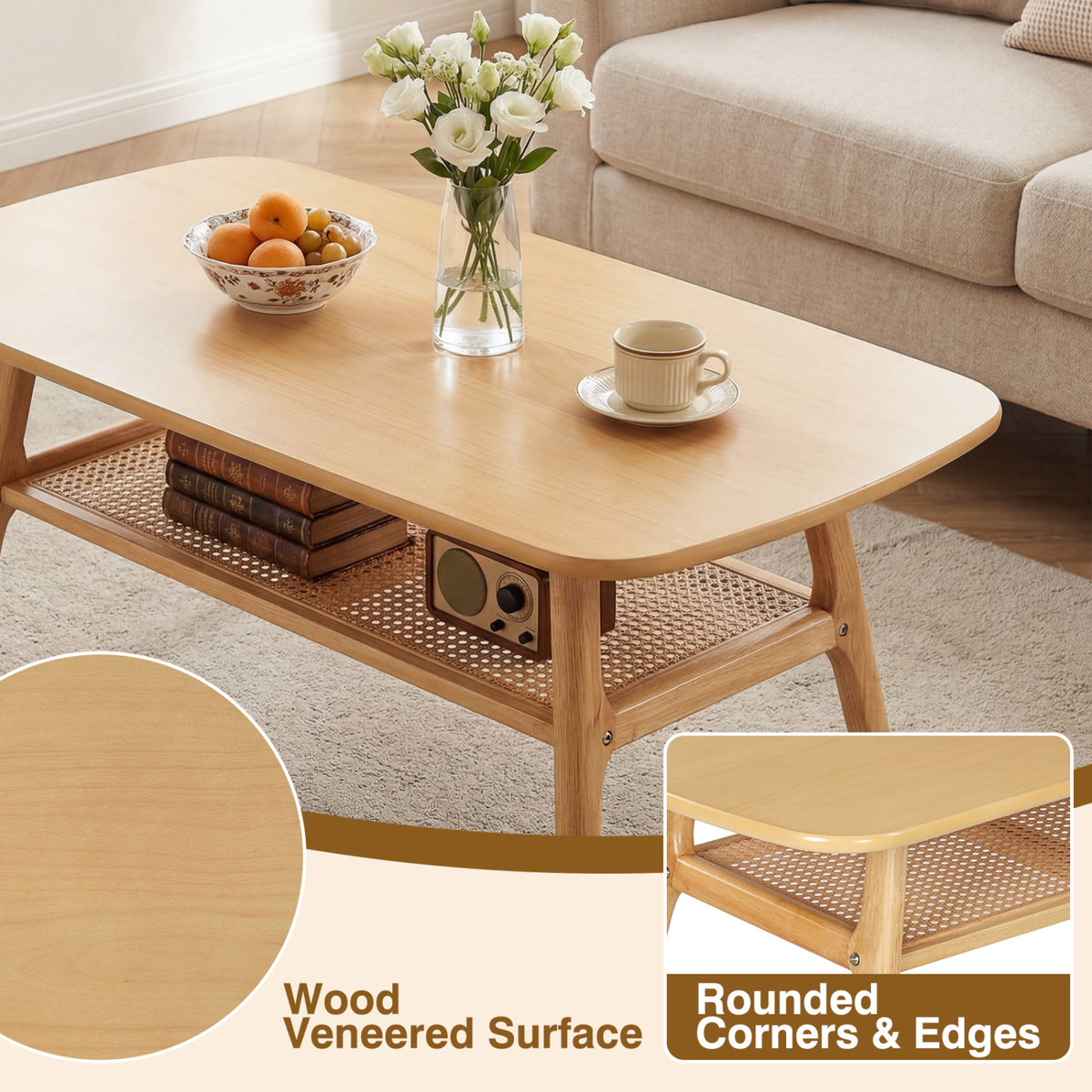 2-Tier Boho Rattan Coffee Table with Rounded Corners-Natural