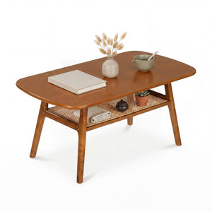 2-Tier Boho Rattan Coffee Table with Rounded Corners-Walnut