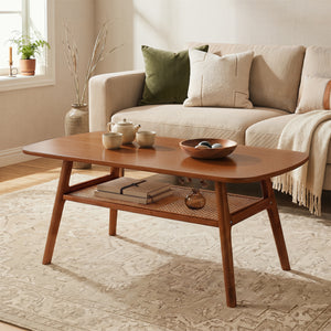 2-Tier Boho Rattan Coffee Table with Rounded Corners-Walnut