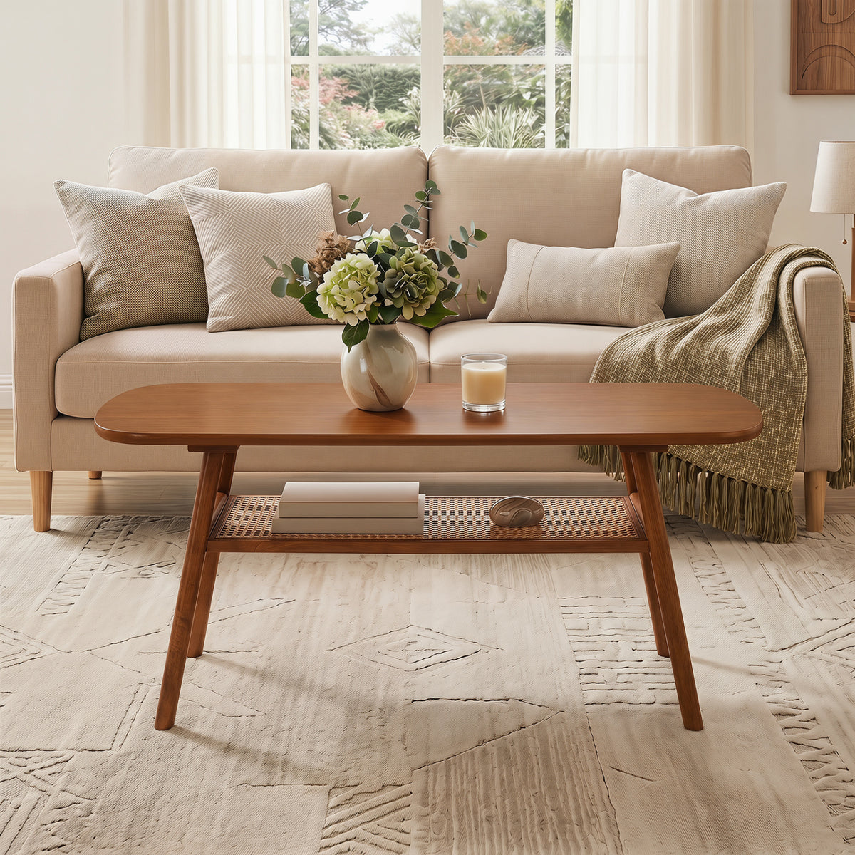2-Tier Boho Rattan Coffee Table with Rounded Corners-Walnut