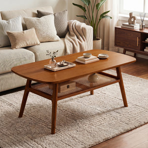 2-Tier Boho Rattan Coffee Table with Rounded Corners-Walnut