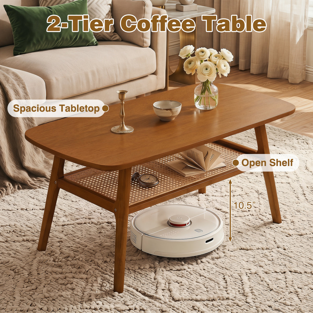 2-Tier Boho Rattan Coffee Table with Rounded Corners-Walnut
