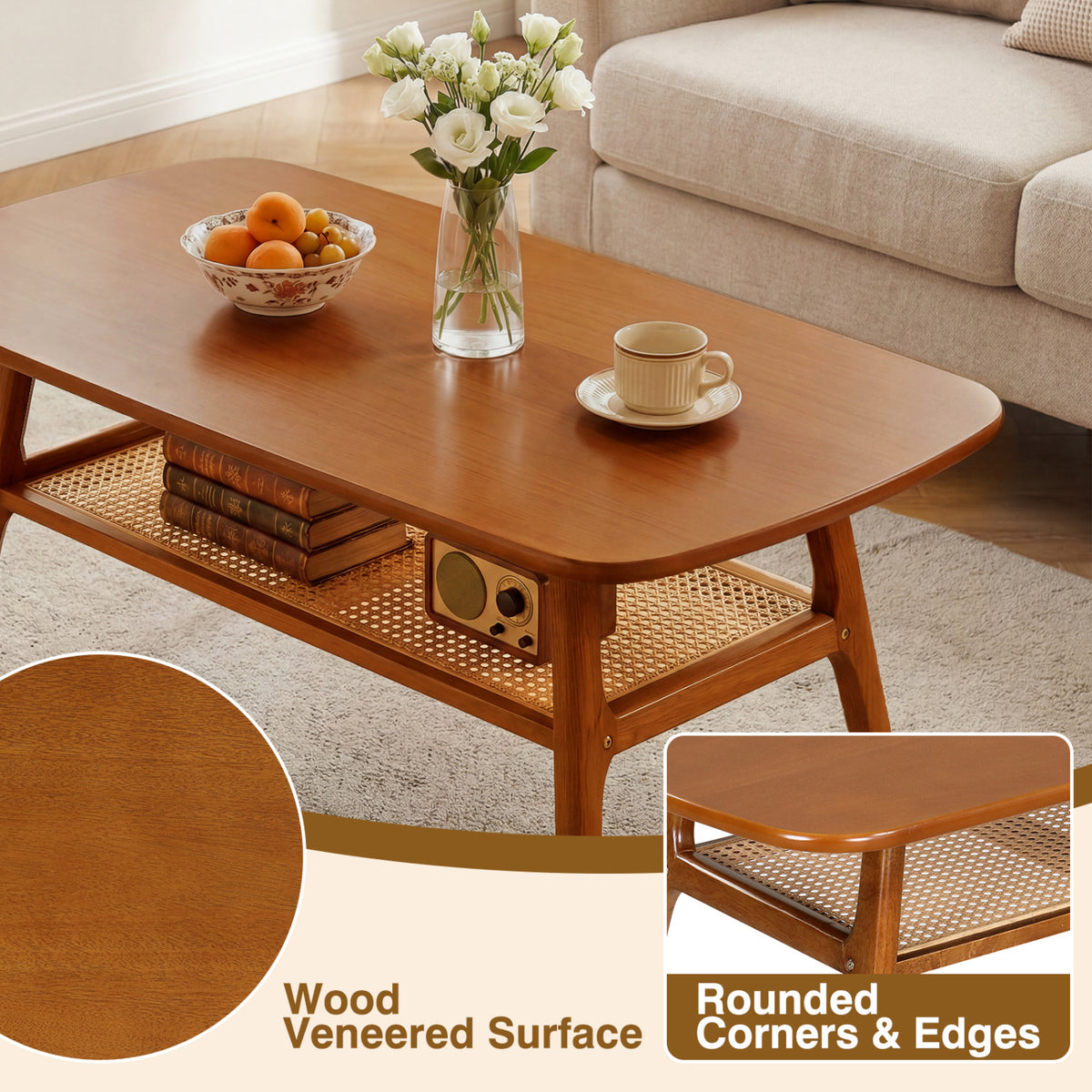 2-Tier Boho Rattan Coffee Table with Rounded Corners-Walnut