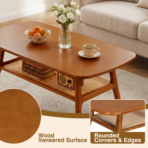 2-Tier Boho Rattan Coffee Table with Rounded Corners-Walnut