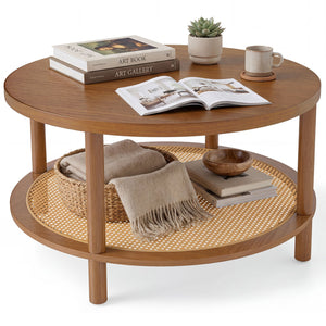 2-Tier Boho Round Rattan Coffee Table with Storage Shelf-Walnut