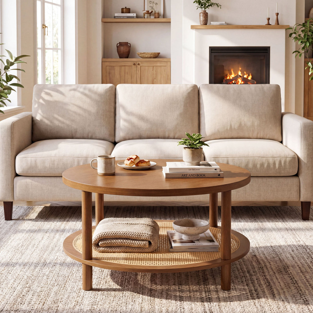2-Tier Boho Round Rattan Coffee Table with Storage Shelf-Walnut
