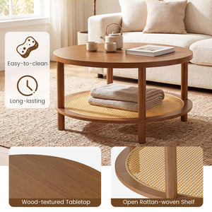 2-Tier Boho Round Rattan Coffee Table with Storage Shelf-Walnut