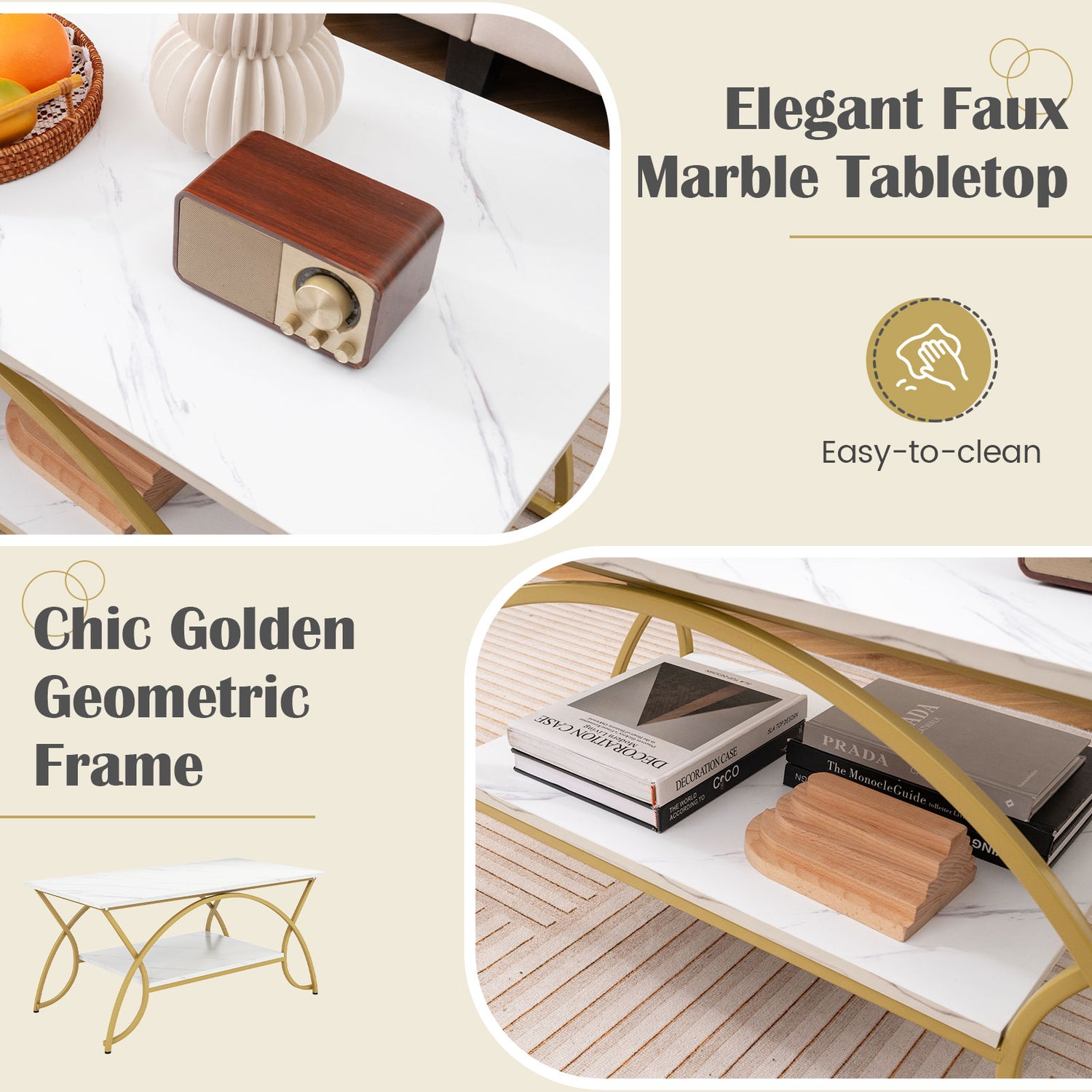 2-Tier Coffee Table Gold Rectangle for Living Room-Golden