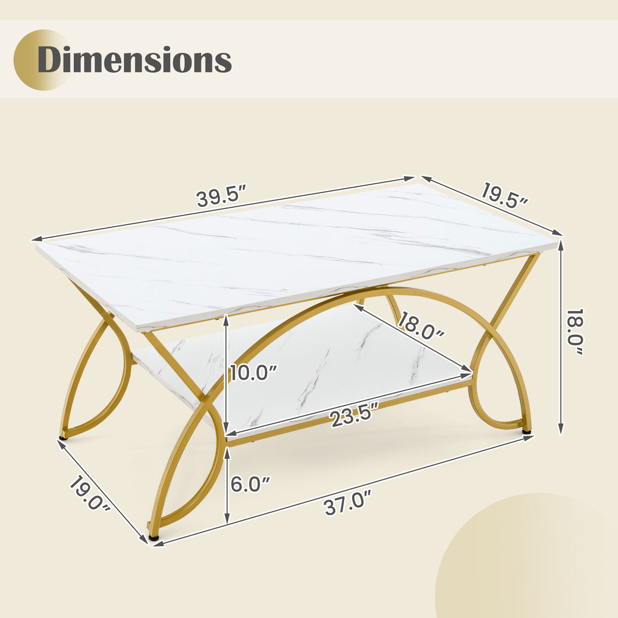 2-Tier Coffee Table Gold Rectangle for Living Room-Golden