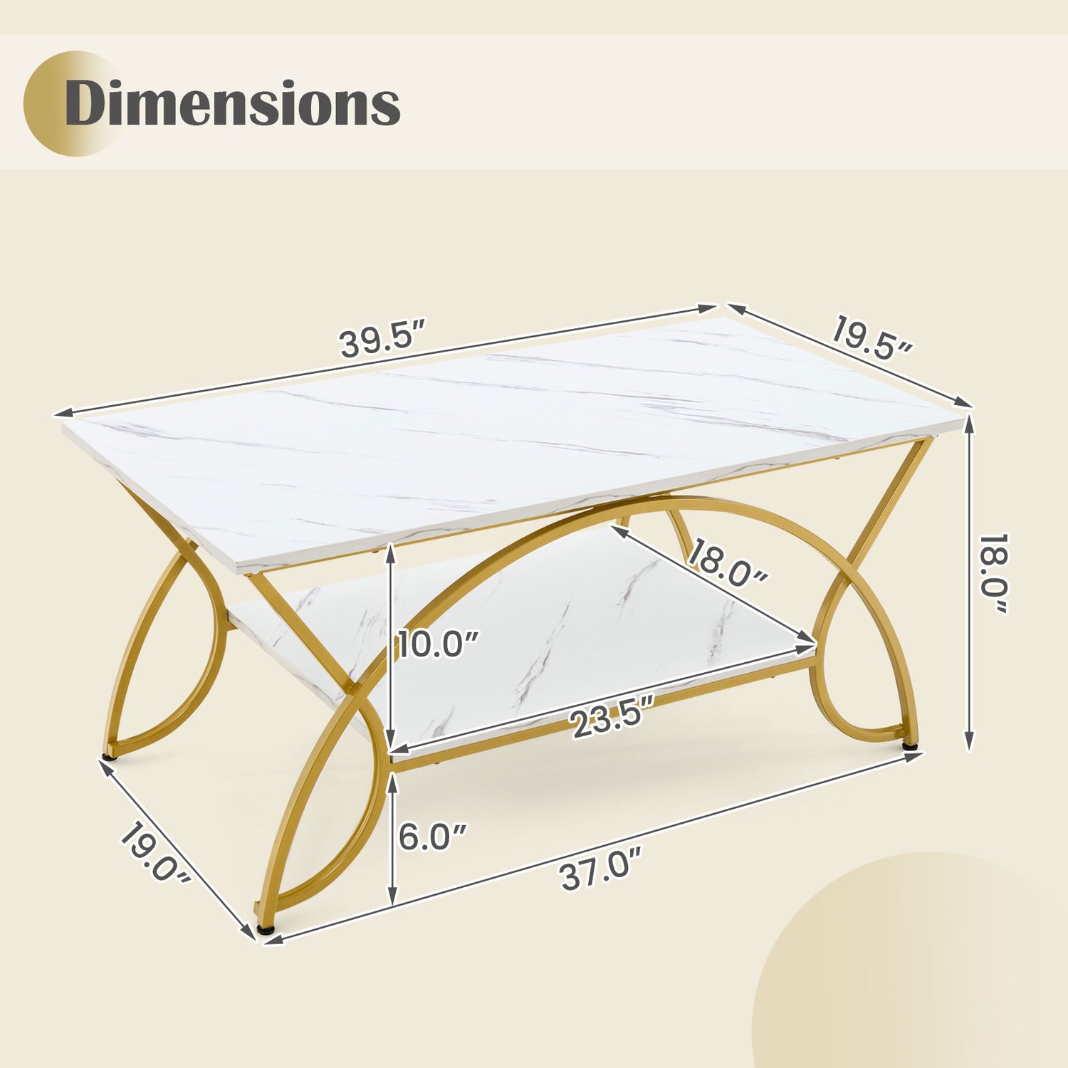 2-Tier Coffee Table Gold Rectangle for Living Room-Golden