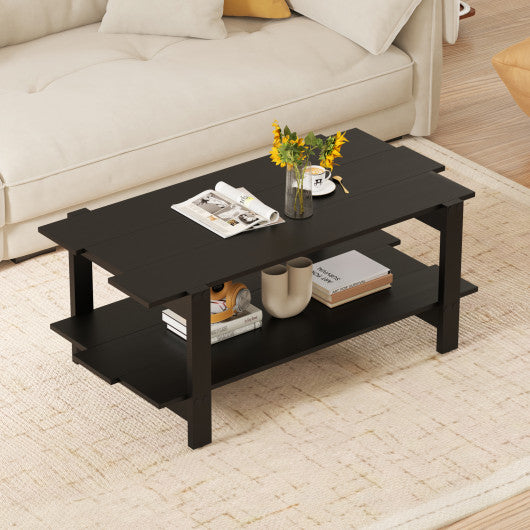 2-Tier Coffee Table Slatted Wood Center Table with Storage Shelf-Black
