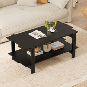 2-Tier Coffee Table Slatted Wood Center Table with Storage Shelf-Black