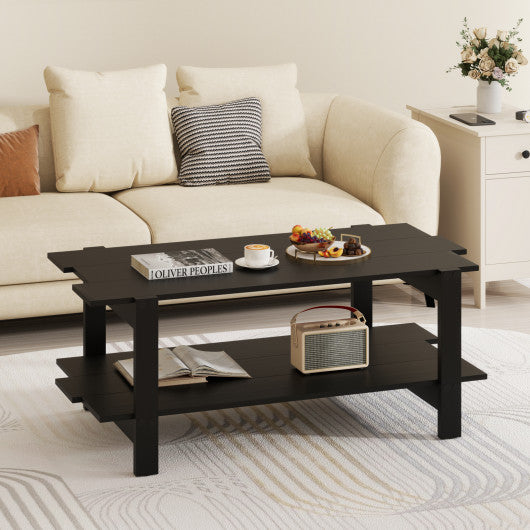 2-Tier Coffee Table Slatted Wood Center Table with Storage Shelf-Black