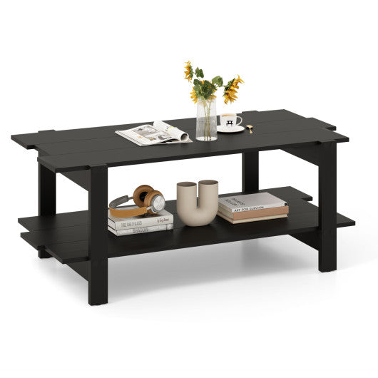 2-Tier Coffee Table Slatted Wood Center Table with Storage Shelf-Black