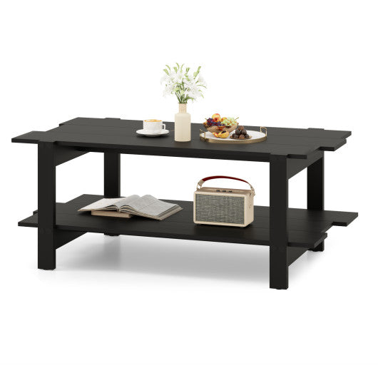 2-Tier Coffee Table Slatted Wood Center Table with Storage Shelf-Black