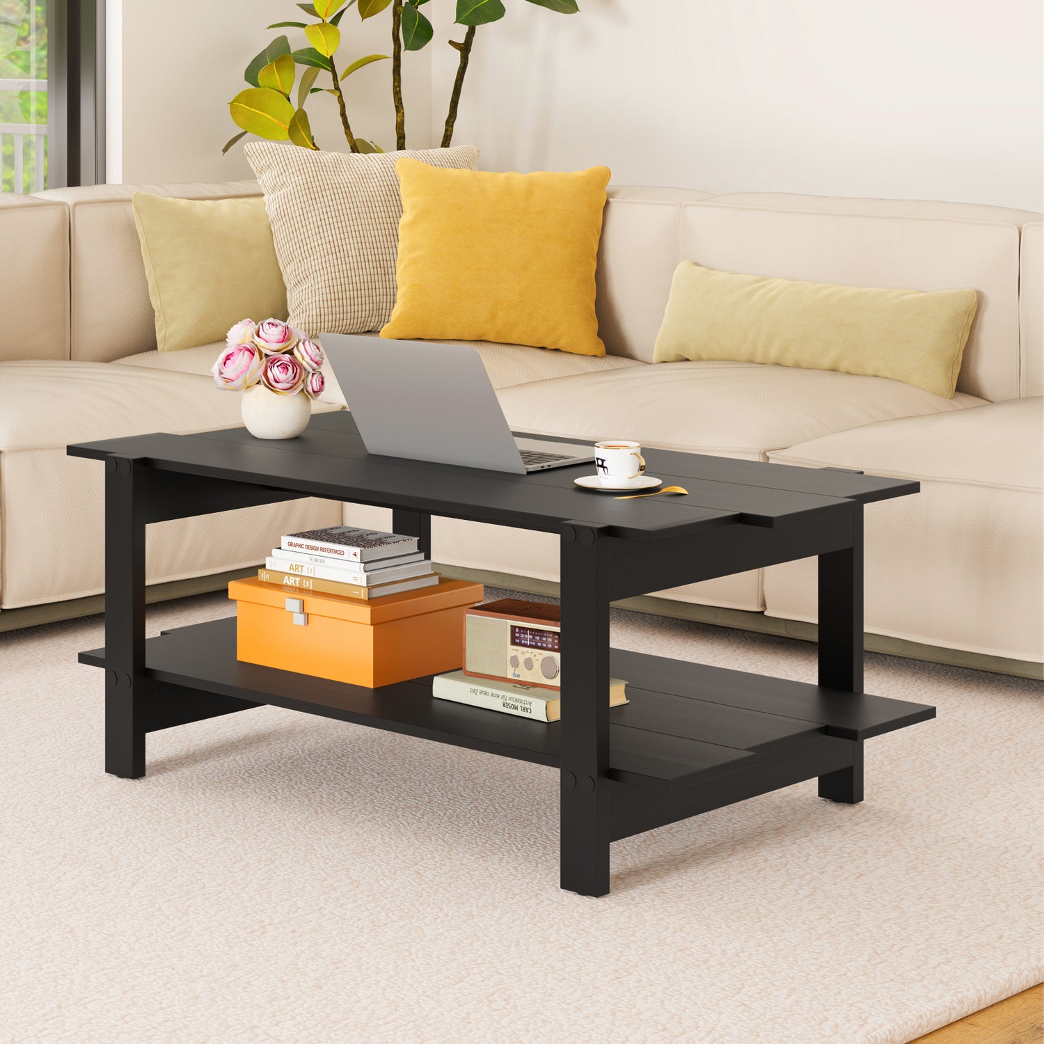 2-Tier Coffee Table Slatted Wood Center Table with Storage Shelf-Black