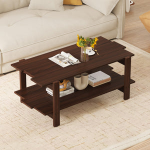 2-Tier Coffee Table Slatted Wood Center Table with Storage Shelf-Walnut