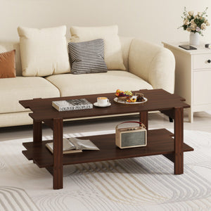 2-Tier Coffee Table Slatted Wood Center Table with Storage Shelf-Walnut