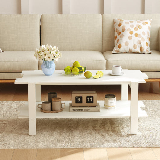 2-Tier Coffee Table Slatted Wood Center Table with Storage Shelf-Black