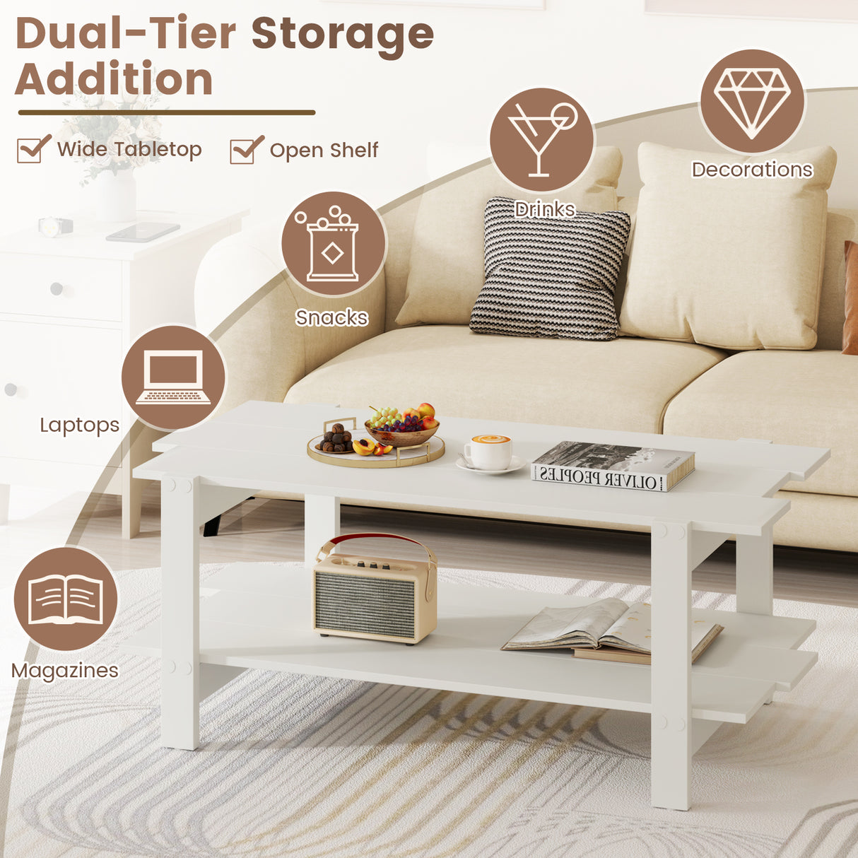 2-Tier Coffee Table Slatted Wood Center Table with Storage Shelf-White
