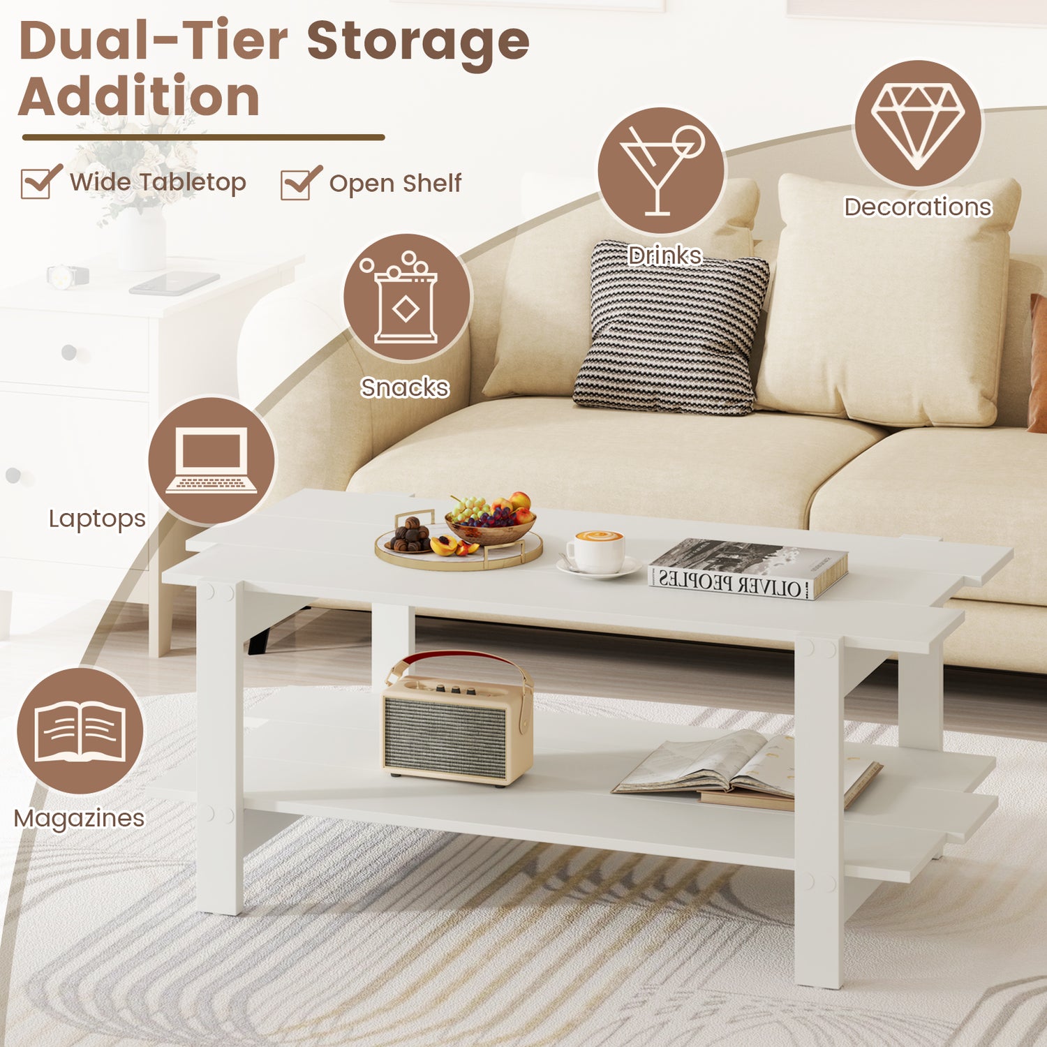 2-Tier Coffee Table Slatted Wood Center Table with Storage Shelf-White