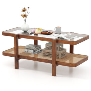 2-Tier Coffee Table with Storage and Tempered Glass Tabletop-Coffee