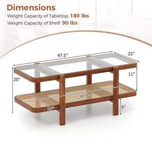 2-Tier Coffee Table with Storage and Tempered Glass Tabletop-Coffee