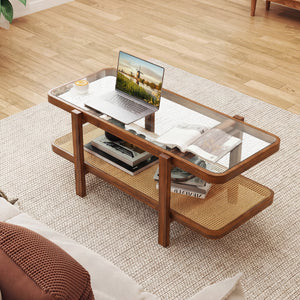 2-Tier Coffee Table with Storage and Tempered Glass Tabletop-Coffee