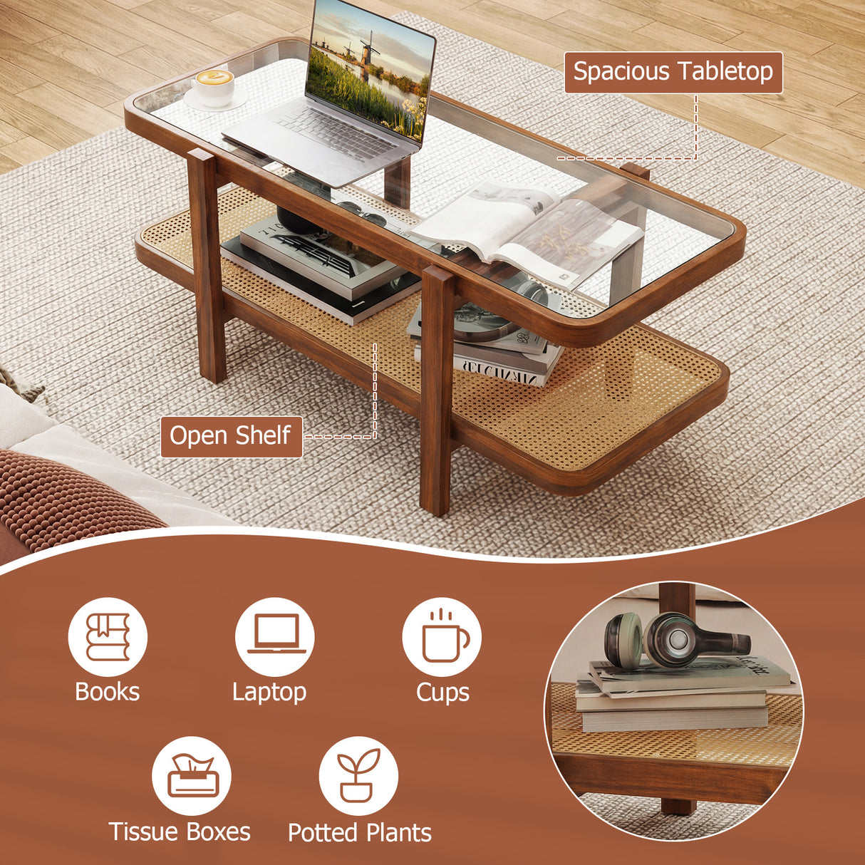 2-Tier Coffee Table with Storage and Tempered Glass Tabletop-Coffee