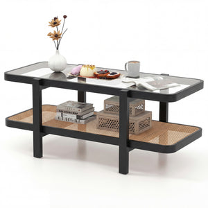 2-Tier Coffee Table with Storage and Tempered Glass Tabletop-Black