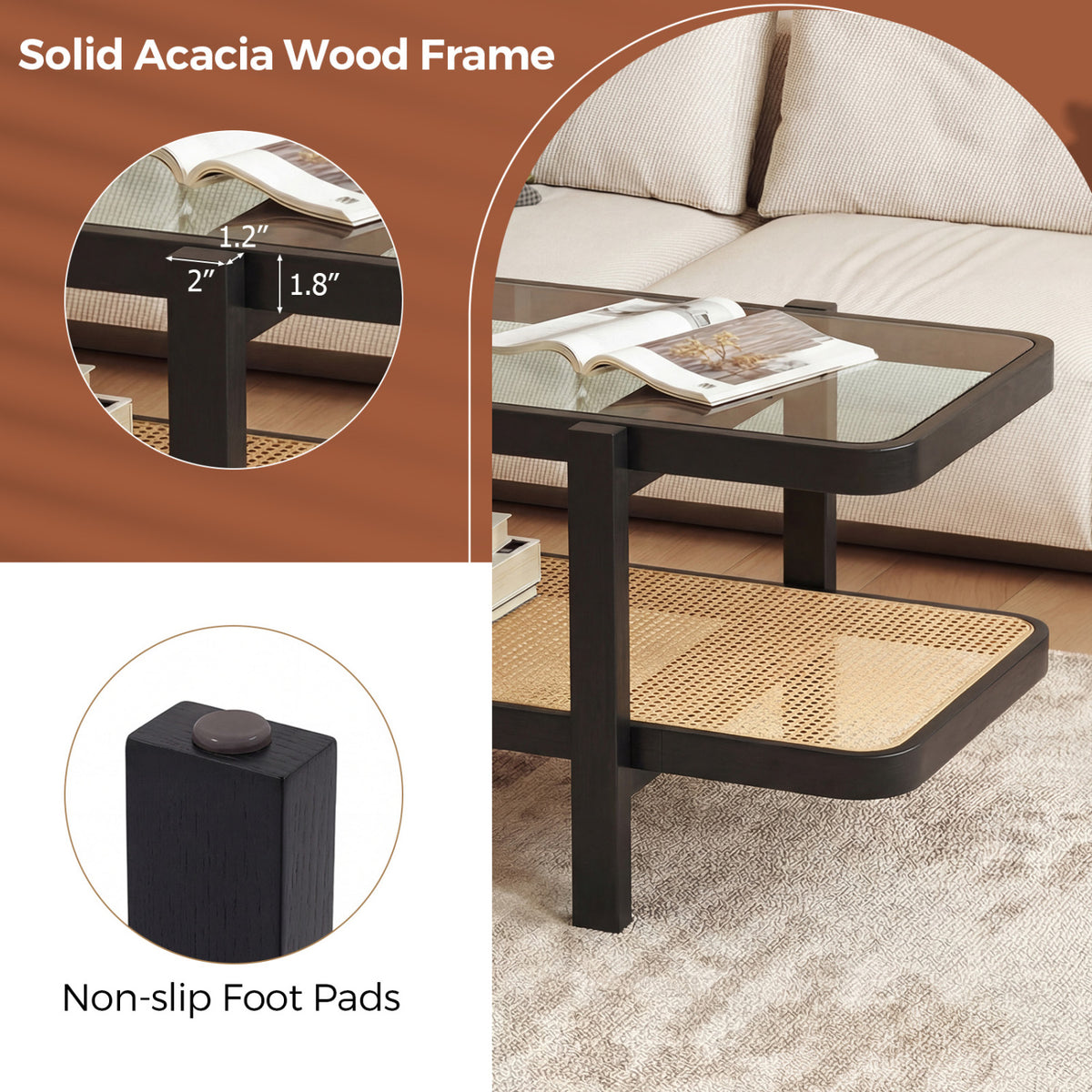 2-Tier Coffee Table with Storage and Tempered Glass Tabletop-Black