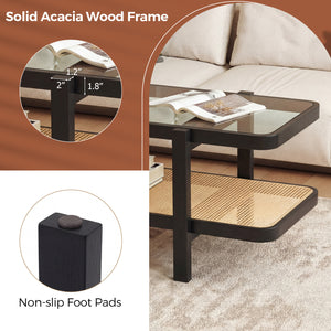 2-Tier Coffee Table with Storage and Tempered Glass Tabletop-Black