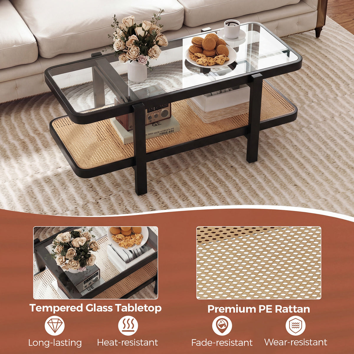 2-Tier Coffee Table with Storage and Tempered Glass Tabletop-Black