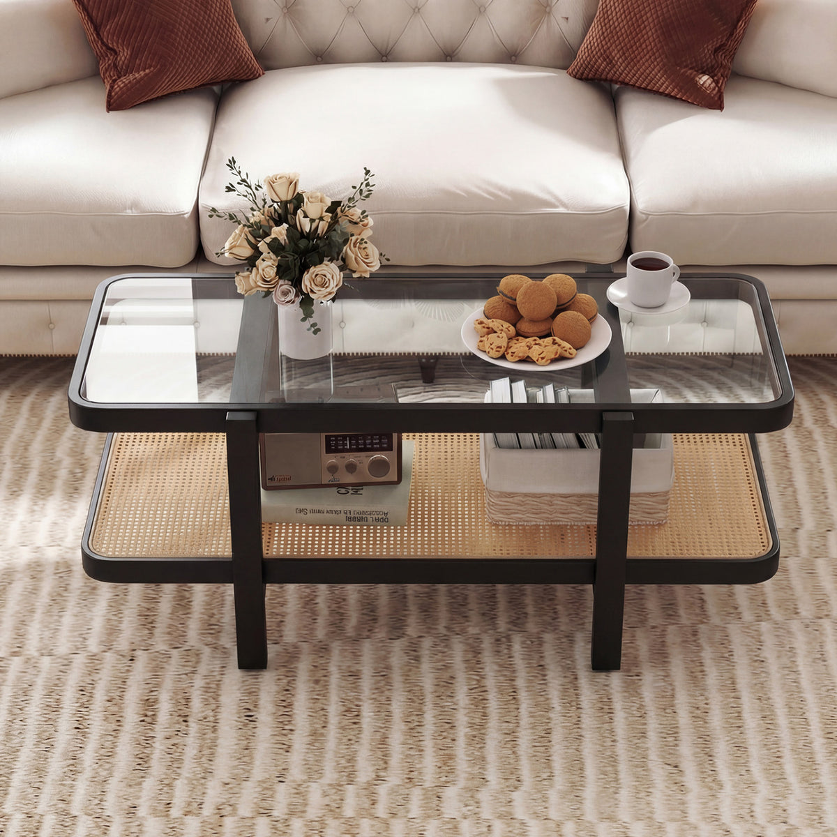 2-Tier Coffee Table with Storage and Tempered Glass Tabletop-Black