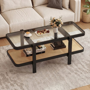 2-Tier Coffee Table with Storage and Tempered Glass Tabletop-Black