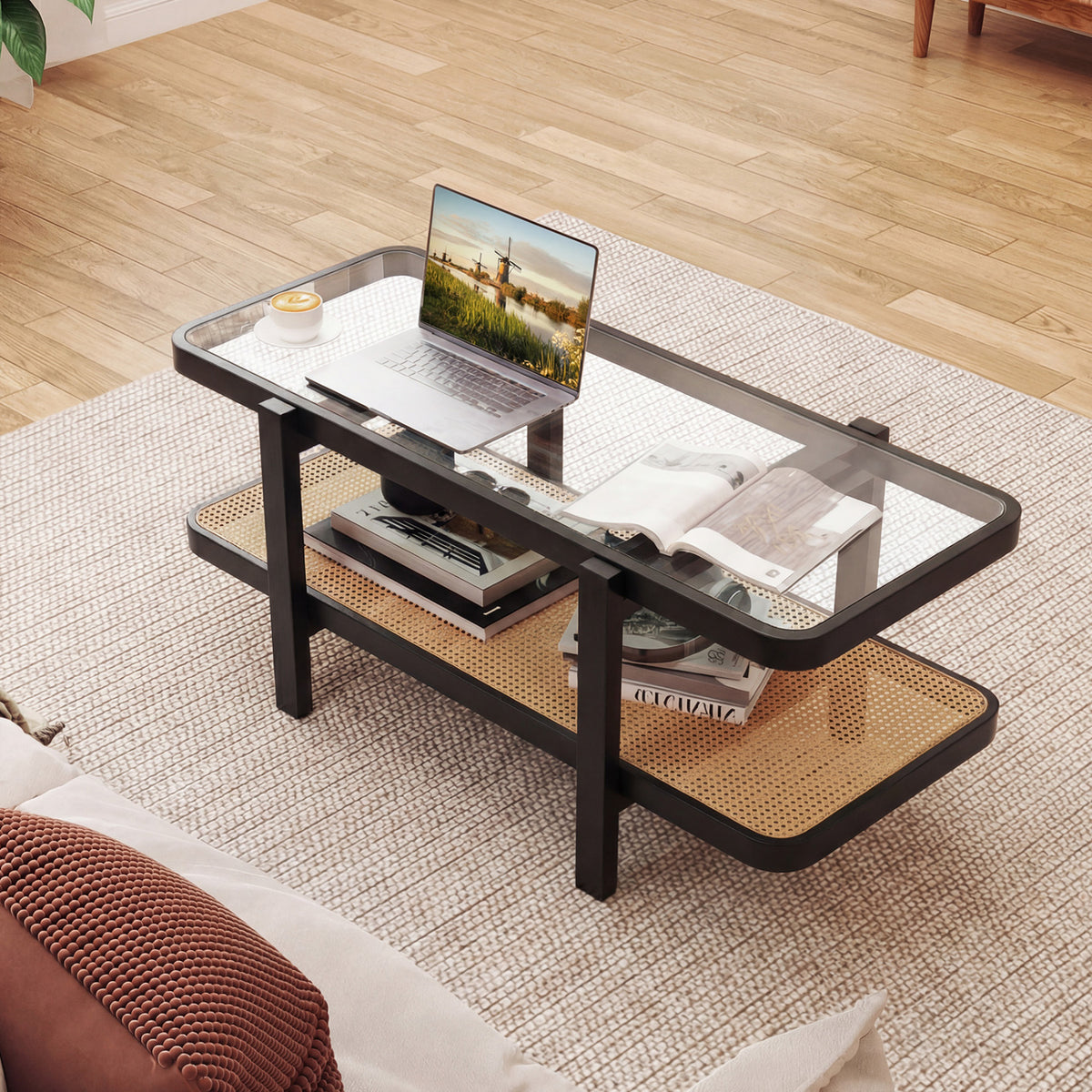 2-Tier Coffee Table with Storage and Tempered Glass Tabletop-Black