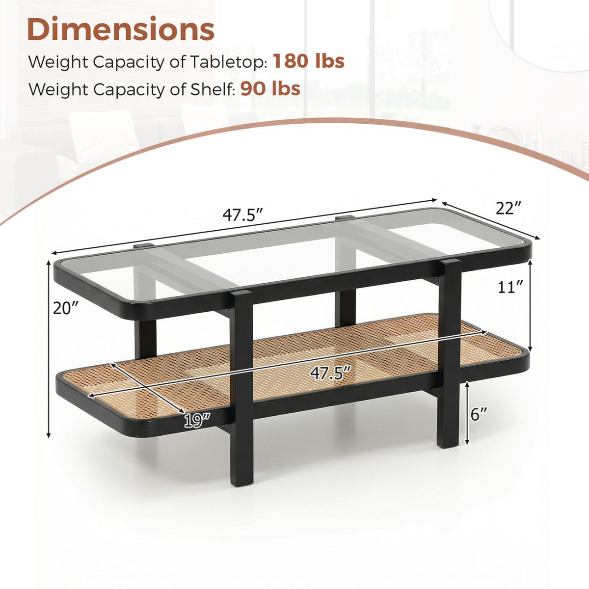 2-Tier Coffee Table with Storage and Tempered Glass Tabletop-Black
