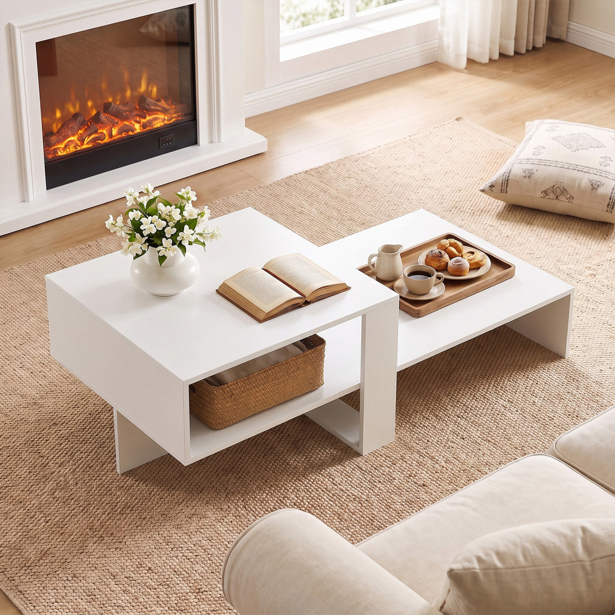2-Tier Coffee Table Modern Irregular Center Table with Open Storage Shelf-White